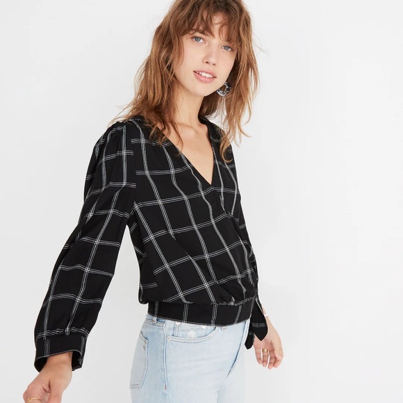 Madewell Black Windowpane Long Sleeve Wrap Blouse Size XS Excellent Condition - Picture 2 of 7